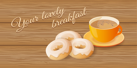 Isometric design concept of business morning, breakfast,  breaktime, coffee time. Top view the wood table with realistic cup of coffee and donuts. EPS 10のイラスト素材