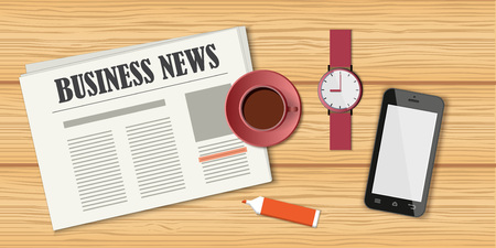 Flat concept of business morning, breaktime, coffee time. Top view the wood desktop with newspaper and headline Business news, wristwatch, mobile phone and cup of coffee. EPS 10のイラスト素材