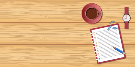Flat concept of business morning, breaktime, coffee time. Top view the wood desktop with open spiral notebook, wristwatch, and cup of coffee. Wood mockup with empty space. EPS 10のイラスト素材
