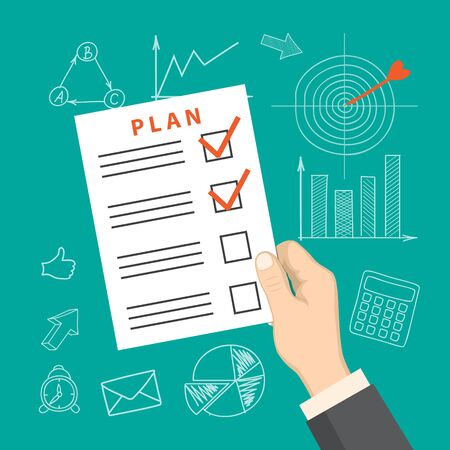 Flat modern design concept of business planning, management, job organization with plan in the businessman hand. EPS 10のイラスト素材