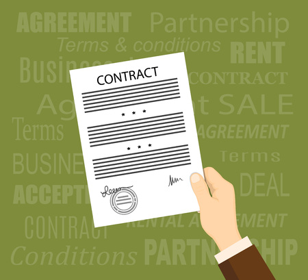 Flat concept of business financial agreement, management, marketing. Man hand with paper document with sign and stamp. The words on the background. EPS 10のイラスト素材