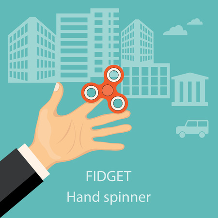 Flat modern design concept of playing with fidget hand spinner. Illustration of the hand of the businessman with hand spinner. eps 10.のイラスト素材