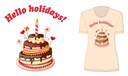 Isolated colorful print with realistic cake, candle and text Hello holidays.のイラスト素材