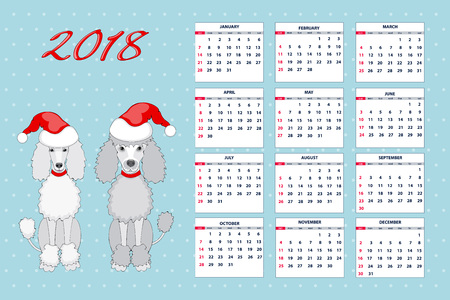 Classic american calendar for wall year 2018 with cartoon toy dog. English language. Week starts on Sunday. There are all 12 month.のイラスト素材