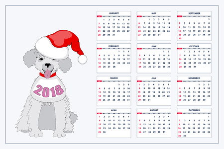 Classic american calendar for wall year 2018 with cartoon toy dog. English language. Week starts on Sunday. There are all 12 month.のイラスト素材