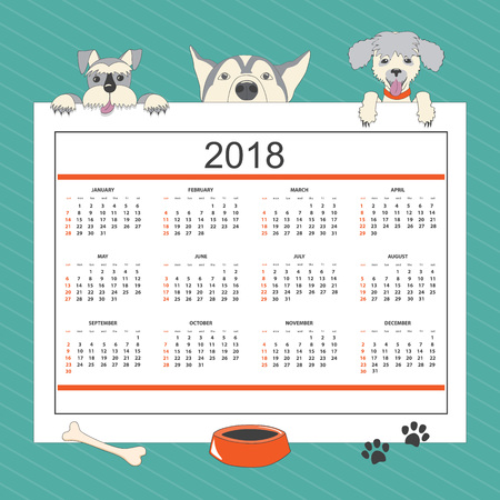Kids calendar for wall year 2018 with three cartoon dogs. English language. Classic american style. Week starts on Sunday. There are all 12 months.のイラスト素材