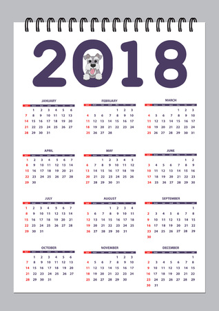 Classic american calendar for wall year 2018 with cartoon toy dog. English language. Week starts on Sunday. There are all 12 months.のイラスト素材