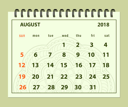 Monthly calendar August year 2018 on mandala background.  Layout a5 horizontal page of spiral calendar year 2018. English language. Week starts on Sunday.のイラスト素材