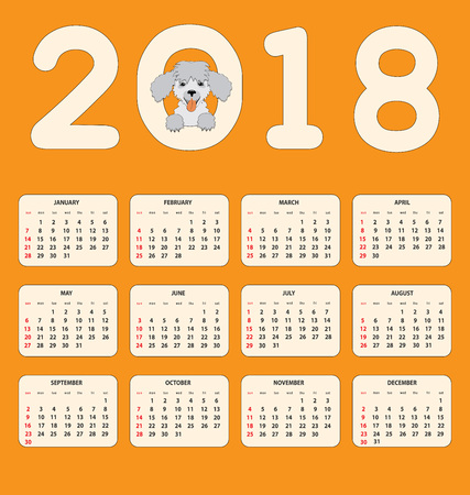Classic american calendar for wall year 2018 with cartoon toy dog. English language. Week starts on Sunday. There are all 12 month. eps 10のイラスト素材