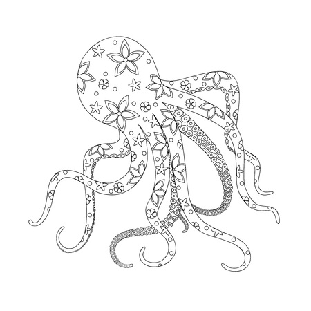 Isolated octopus with floral pattern for kids coloring book, album, tutorials, design for logo, decorate stationery, notebook, t-shirts print. Black and white outline illustration. eps 10のイラスト素材