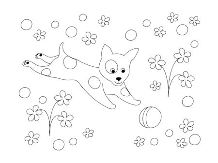 Coloring page with cute cartoon playing puppy among flowers for children coloring book, album, decorate kids room, wall, book. Black and white outline illustration.  eps 10のイラスト素材