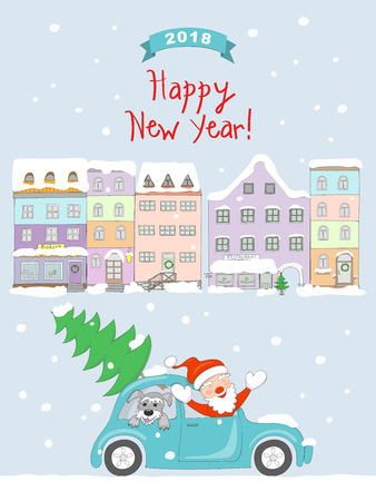 New year 2018 card with cartoon santa claus and dog traveling in the retro auto and  text Happy New Year on the snow and christmas city background. eps 10のイラスト素材