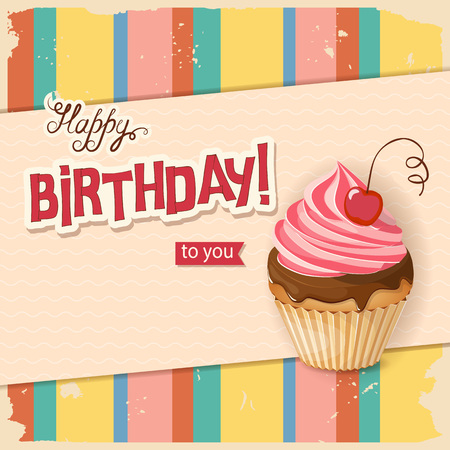 Vintage birthday card with handwritten inscription Happy Birthday and realistic cupcake with cherry on the vintage background. eps10.
のイラスト素材