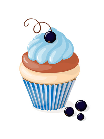 Realistic isolated colorful cupcake with black currant on the white background. Vector illustration for tea party invitation or birthday card, sweet menu of the restaurant, cafeteria, bakery cafe or shop. eps10.のイラスト素材