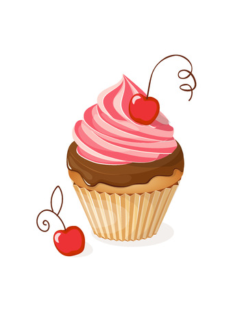 Realistic isolated colorful cupcake with cherry on the white background. Vector illustration for tea party invitation or birthday card, sweet menu of the restaurant, cafeteria, bakery cafe or shop. eps10.のイラスト素材