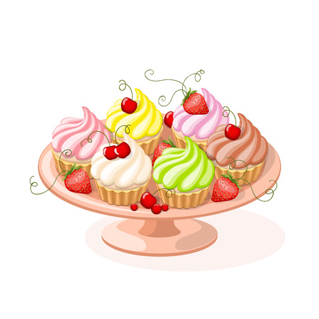 Realistic isolated colorful plate with set of cupcakes and berries on the white background.のイラスト素材