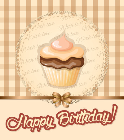 Birthday card with handwritten inscription Happy Birthday and realistic cupcake with  cream on the napkin and vintage background.のイラスト素材