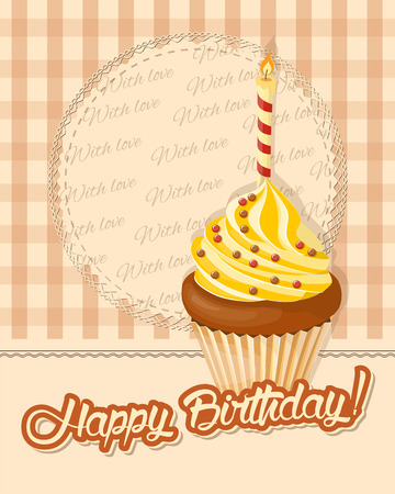 Birthday card with handwritten inscription Happy Birthday and realistic cupcake with  candle on the napkin and vintage background.のイラスト素材