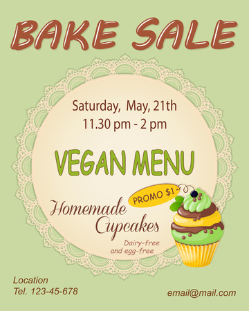 Colorful flyer template for vegan bake sale promotion or banner for shop, store, cafeteria or bakery cafe menu with realistic cupcake on the openwork napkin. eps10.
のイラスト素材