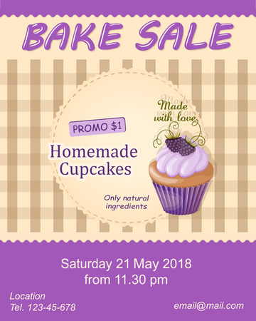 Colorful flyer template for bake sale promotion or banner for shop, store, cafeteria or bakery cafe menu with realistic cupcake on the  napkin.のイラスト素材