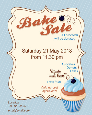 Colorful flyer template for bake sale promotion or banner for shop, store, cafeteria or bakery cafe menu with realistic blueberry cupcake.のイラスト素材
