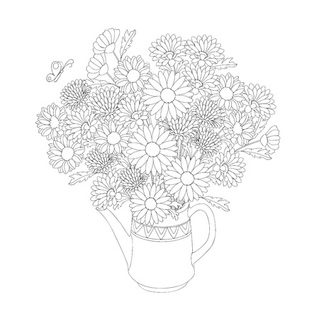 Sketch of monochrome birthday invitation card with doodle floral bouquet in the teapot for adult coloring book.のイラスト素材