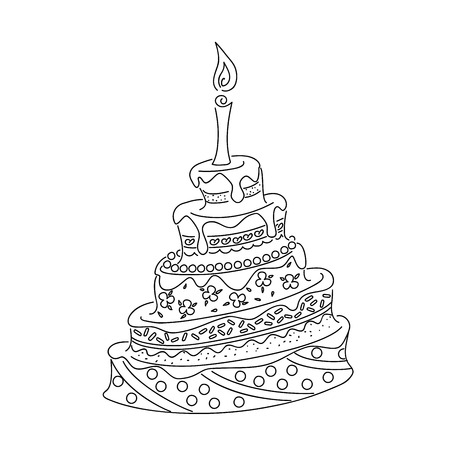 Sketch of monochrome cake for birthday card or children and adult coloring book. Isolated outline doodle cake with tier and candle.のイラスト素材