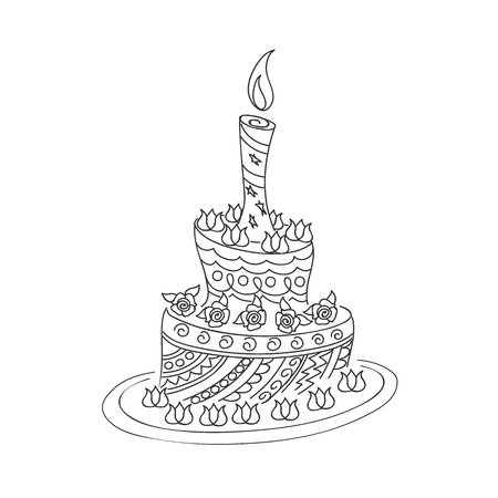 Sketch of monochrome cake for birthday card or children and adult coloring book. Isolated outline doodle cake with roses and candle.のイラスト素材