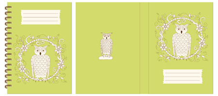 Set of two cover design with owl into floral frame for decorate notebook, sketchbook, copybook, album, diary, book. Cover A5 template with back. EPS 10.のイラスト素材
