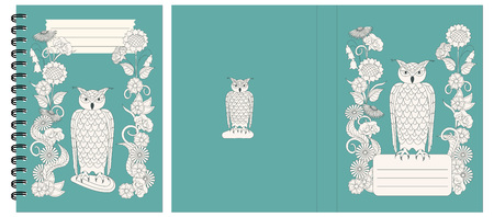 Set of two cover design with owl into flowers for decorate notebook, sketchbook, copybook, album, diary, book. Cover A5 template with back. EPS 10.のイラスト素材