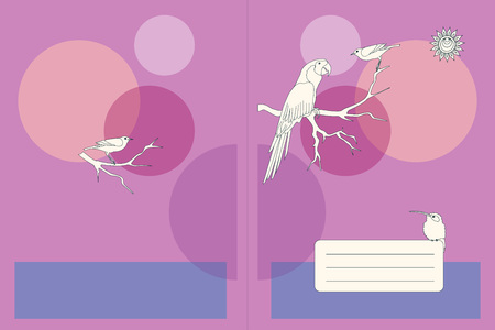 Cover design with cartoon parrot for decorate school notebook, sketchbook, copybook, album, diary, education book, brochure title sheet. Cover A5 template with back. EPS 10.のイラスト素材