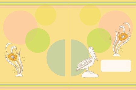 Cover design with cartoon pelican and flowers for decorate school notebook, sketchbook, copybook, album, diary, education book, brochure title sheet. Cover A5 template with back. EPS 10.のイラスト素材