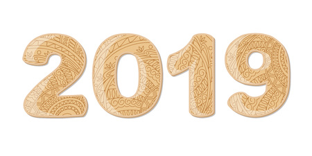 Hand drawn numbers 2019 patterned with zen tangled shapes. Handwritten font 2019 with visual three-dimensional effect for decorate calendar, banner, new year card. Isolated on white. eps 10のイラスト素材