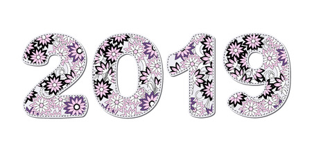Hand drawn numbers 2019 patterned with flowers in boho style. Handwritten flat font 2019  for decorate calendar, banner, new year card.のイラスト素材