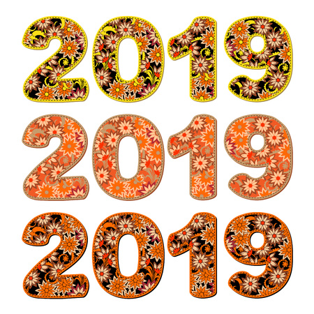 Set hand drawn numbers 2019 patterned with colorful flowers. Handwritten flat font 2019  for decorate calendar, banner, new year card.のイラスト素材