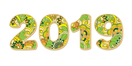 Colorful hand drawn numbers 2019 patterned in zen-tangle style. Handwritten flat font 2019  for decorate calendar, banner, new year card.のイラスト素材