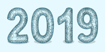 Hand drawn numbers 2019 patterned with zen tangled shapes. Handwritten font 2019 with visual three-dimensional effect for decorate calendar, banner, new year card. Isolated on blue. eps 10のイラスト素材
