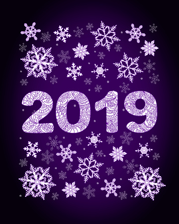New year festive background with numbers 2019 patterned with hand drawn zen tangled shapes and snowflakes. Handwritten font 2019 for decorate calendar, banner, card. eps 10のイラスト素材