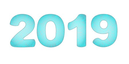 Hand drawn numbers 2019 patterned with zen tangled shapes. Handwritten font 2019 with visual three-dimensional effect for decorate calendar, banner, new year card. Isolated on white. eps 10のイラスト素材