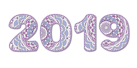 Colorful hand drawn numbers 2019 patterned in zen-tangle style. Handwritten flat font 2019  for decorate calendar, banner, new year card.のイラスト素材