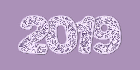 Hand drawn numbers 2019 patterned in zen-tangle style. Handwritten flat font 2019  for decorate calendar, banner, new year card.のイラスト素材