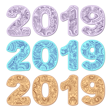 Set hand drawn numbers 2019 patterned with zen tangled shapes. Handwritten flat font 2019  for decorate calendar, banner, new year card.のイラスト素材