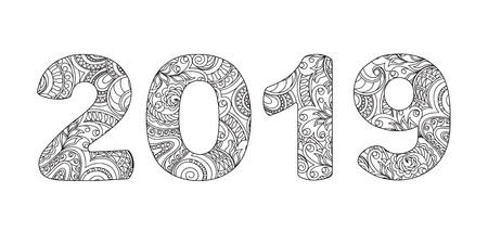 Handwritten number 2019 patterned with zen-tangle shapes, isolated on white. Handwritten font 2019 for decorate calendar, banner, poster, invitation, new year card, adult coloring book. eps 10のイラスト素材