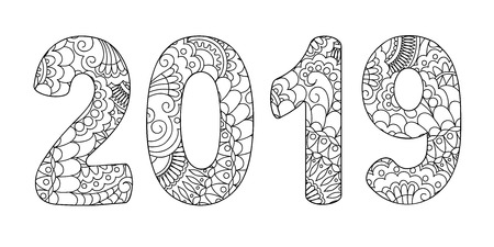 Handwritten number 2019 patterned with zen-tangle shapes, isolated on white. Handwritten font 2019 for decorate calendar, banner, poster, invitation, new year card, adult coloring book. eps 10のイラスト素材
