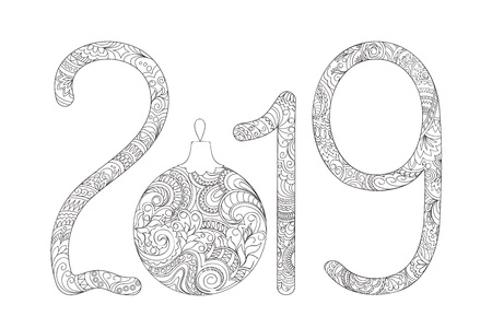 Handwritten number 2019 and christmas ball patterned with hand drawn zen-tangle shapes,  isolated on white. Handwritten font 2019 for decorate calendar, banner, new year card, adult coloring.のイラスト素材