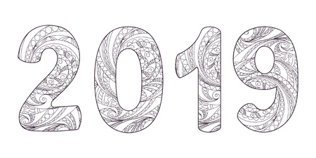 Handwritten number 2019 patterned with zen-tangle shapes, isolated on white. Handwritten font 2019 for decorate calendar, banner, poster, invitation, new year card, adult coloring book. eps 10のイラスト素材