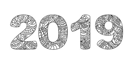 Handwritten number 2019 patterned with zen-tangle shapes, isolated on white. Handwritten font 2019 for decorate calendar, banner, poster, invitation, new year card, adult coloring book. eps 10のイラスト素材