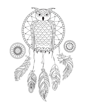 Coloring page with hand drawn patterned dreamcatcher with owl and mandalas isolated on the white for adult antistress coloring book, album, wall mural, tattoo. eps 10のイラスト素材