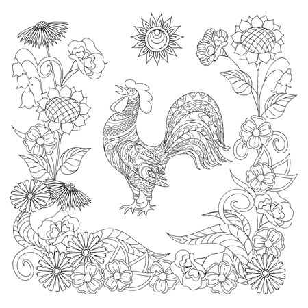 Coloring page with hand drawn patterned rooster among flowers for children and adult antistress coloring book, album, wall mural. eps 10のイラスト素材