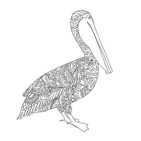Coloring page with hand drawn patterned pelican isolated on the white for children and adult antistress coloring book, album, wall mural, tattoo. eps 10のイラスト素材